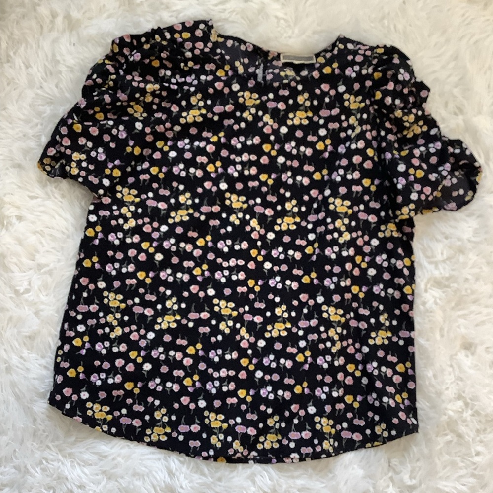 EUC Pleione Black Yellow Lavender Floral Puff Sleeve Blouse Scoop Neck S